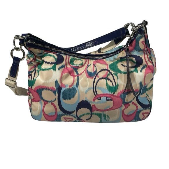 Coach F22452 Navy Blue Pink Cream Fabric Signature Hobo Bag Crossbody - Picture 1 of 16